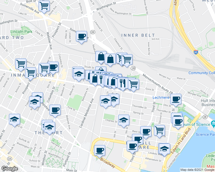 map of restaurants, bars, coffee shops, grocery stores, and more near 621 Cambridge Street in Cambridge