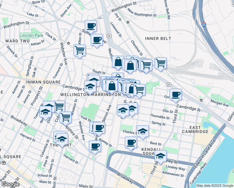 map of restaurants, bars, coffee shops, grocery stores, and more near 723 Cambridge Street in Cambridge