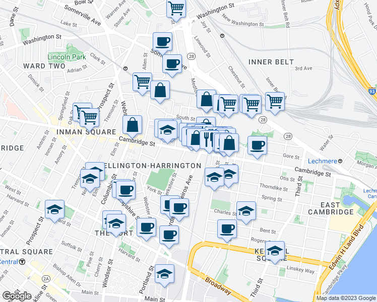 map of restaurants, bars, coffee shops, grocery stores, and more near 746 Cambridge Street in Cambridge