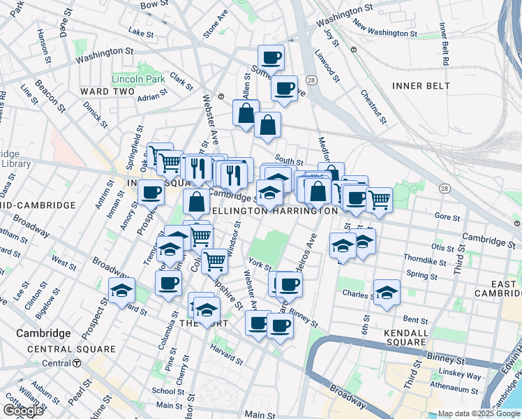 map of restaurants, bars, coffee shops, grocery stores, and more near 3 Palermo Street in Cambridge