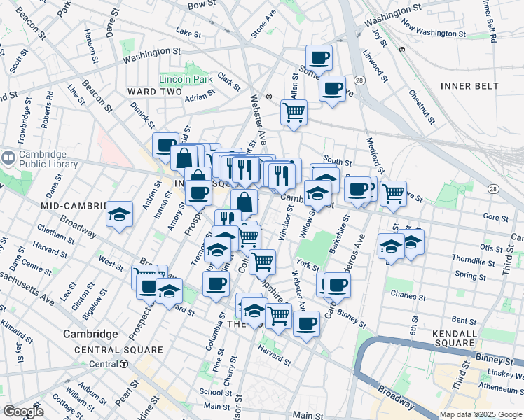map of restaurants, bars, coffee shops, grocery stores, and more near 361 Columbia Street in Cambridge