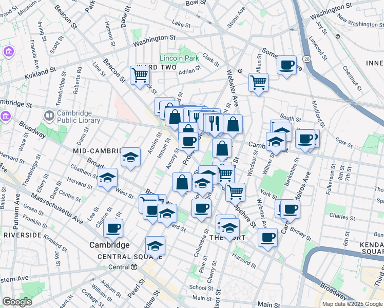 map of restaurants, bars, coffee shops, grocery stores, and more near 171 Hampshire Street in Cambridge