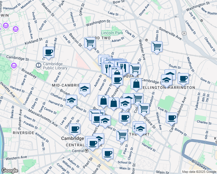 map of restaurants, bars, coffee shops, grocery stores, and more near 124 Amory Street in Cambridge