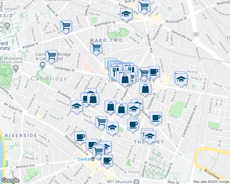 map of restaurants, bars, coffee shops, grocery stores, and more near 124 Amory Street in Cambridge