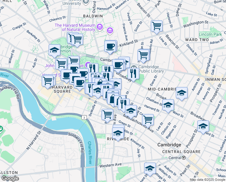 map of restaurants, bars, coffee shops, grocery stores, and more near 400 Harvard Street in Cambridge