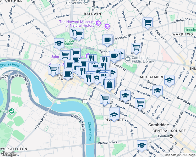 map of restaurants, bars, coffee shops, grocery stores, and more near in Cambridge