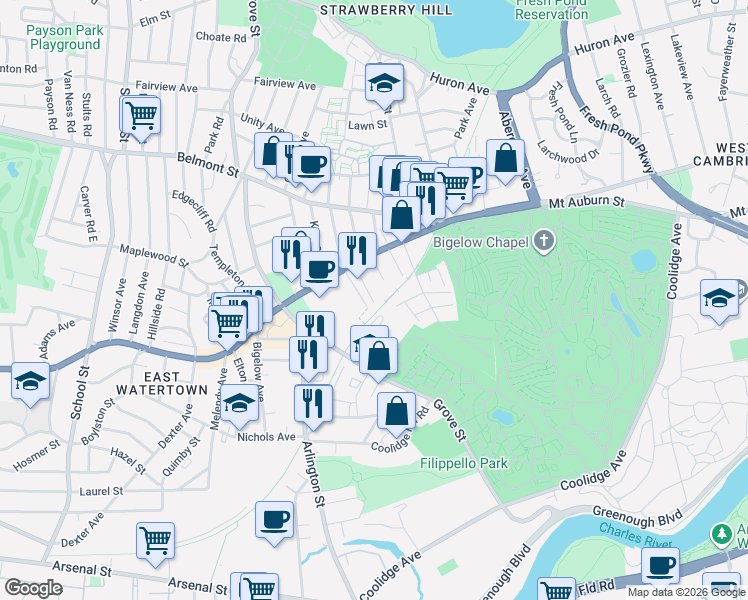 map of restaurants, bars, coffee shops, grocery stores, and more near 40 School Lane in Watertown