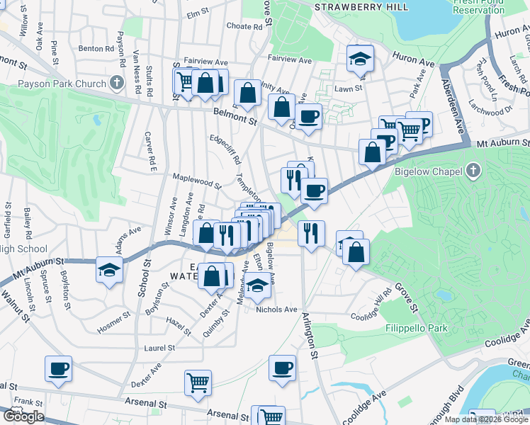 map of restaurants, bars, coffee shops, grocery stores, and more near 22 Kimball Road in Watertown