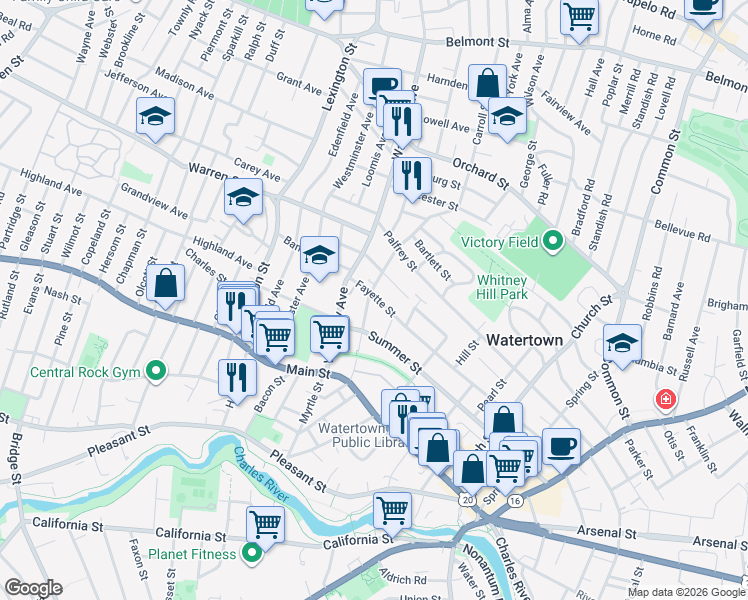 map of restaurants, bars, coffee shops, grocery stores, and more near 62 Forest Street in Watertown