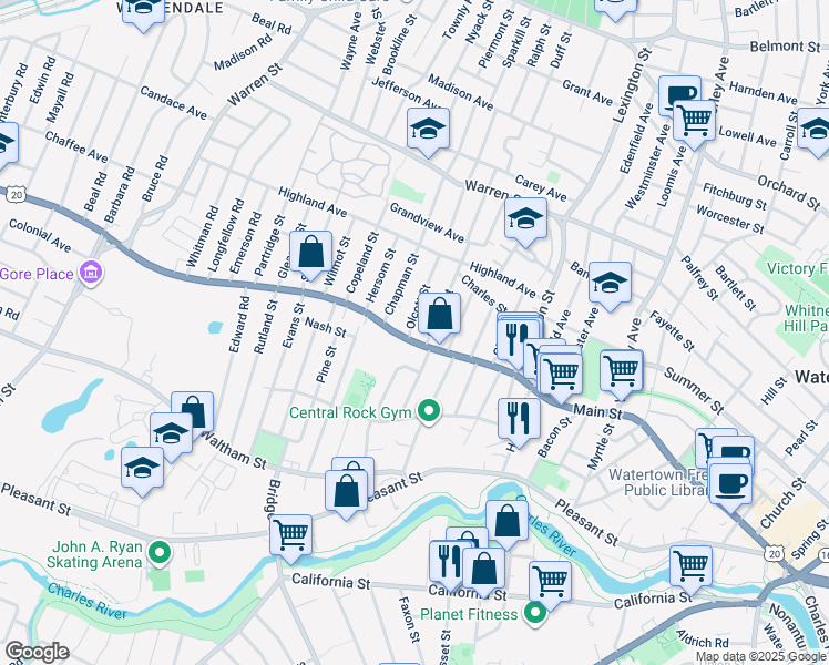 map of restaurants, bars, coffee shops, grocery stores, and more near 543 Main Street in Watertown