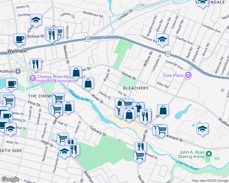map of restaurants, bars, coffee shops, grocery stores, and more near 32 Dix Street in Waltham