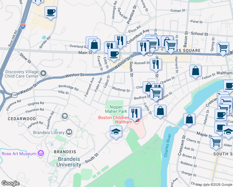 map of restaurants, bars, coffee shops, grocery stores, and more near 18 Pearl Street in Waltham