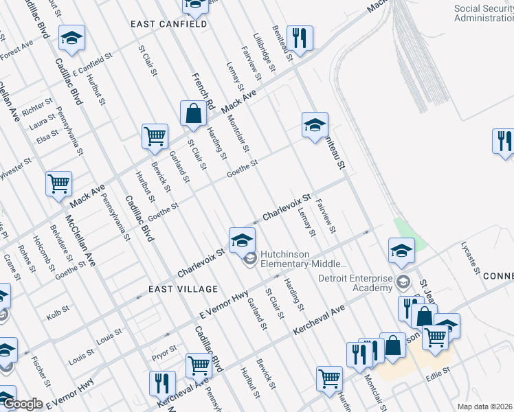 map of restaurants, bars, coffee shops, grocery stores, and more near 2912 Harding Street in Detroit