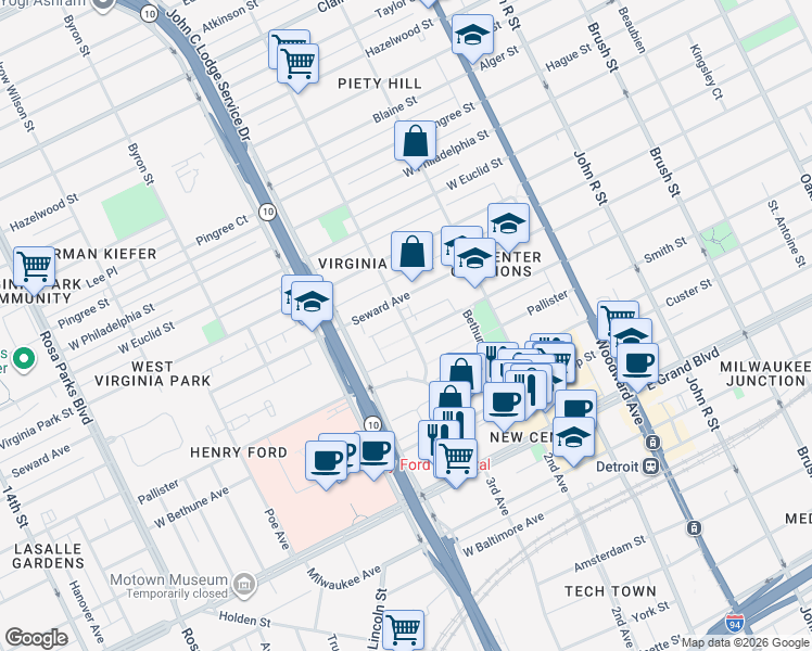 map of restaurants, bars, coffee shops, grocery stores, and more near 8006 3rd Avenue in Detroit