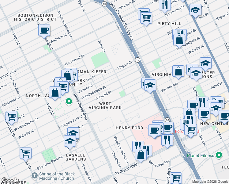 map of restaurants, bars, coffee shops, grocery stores, and more near 1481 West Euclid Street in Detroit