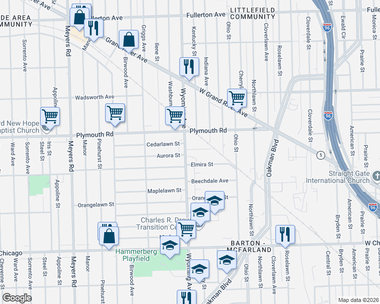 map of restaurants, bars, coffee shops, grocery stores, and more near 11333 Wyoming Avenue in Detroit