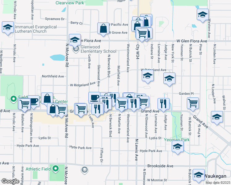 map of restaurants, bars, coffee shops, grocery stores, and more near 815 Muirfield Avenue in Waukegan