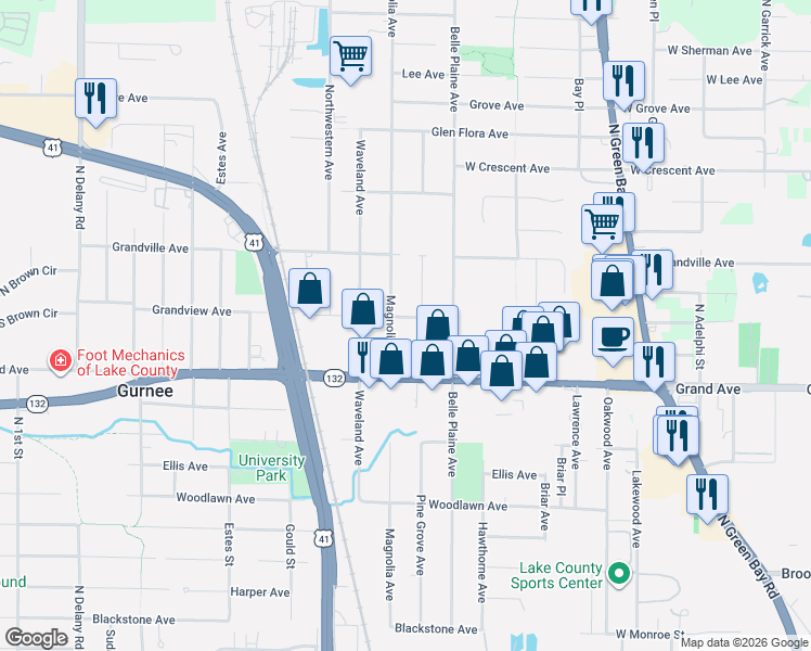 map of restaurants, bars, coffee shops, grocery stores, and more near 840 Pine Grove Street in Gurnee