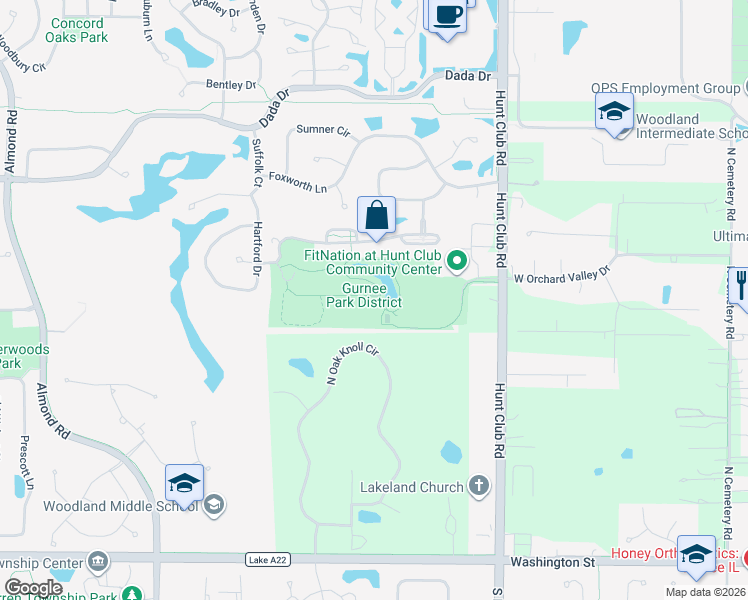 map of restaurants, bars, coffee shops, grocery stores, and more near 900 Hunt Club Road in Gurnee