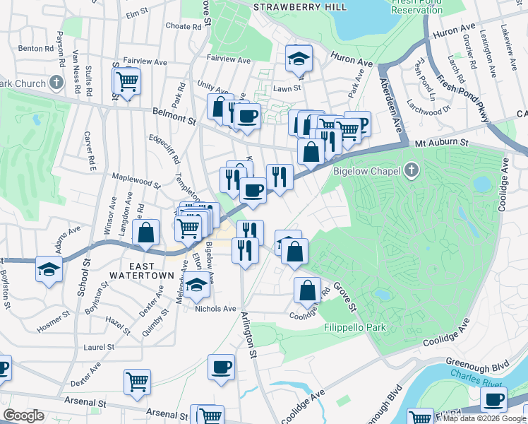 map of restaurants, bars, coffee shops, grocery stores, and more near 705 Mount Auburn Street in Watertown
