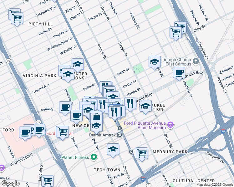 map of restaurants, bars, coffee shops, grocery stores, and more near 88 Custer Street in Detroit