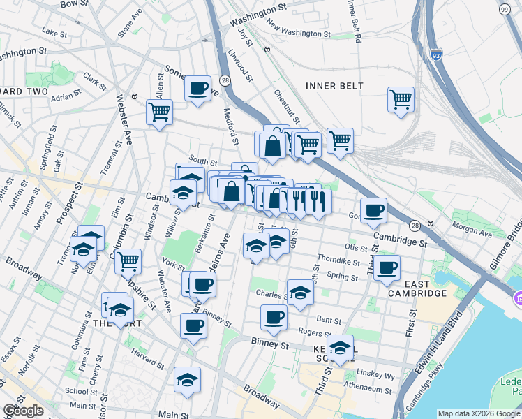 map of restaurants, bars, coffee shops, grocery stores, and more near 621 Cambridge Street in Cambridge