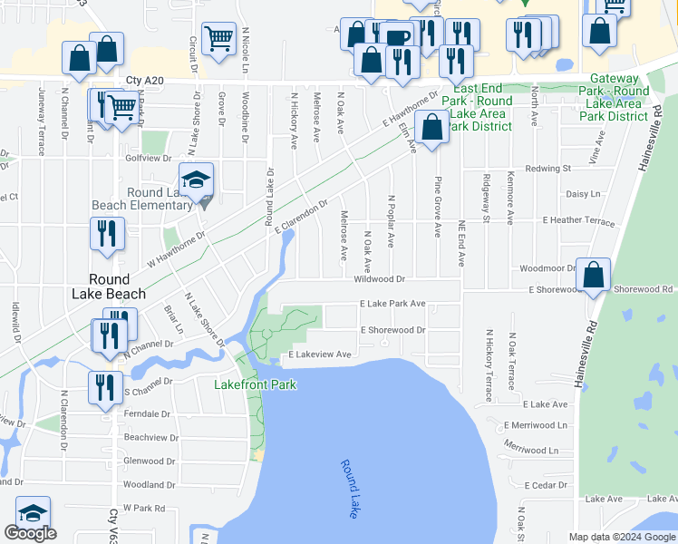map of restaurants, bars, coffee shops, grocery stores, and more near 1312 Melrose Avenue in Round Lake Beach