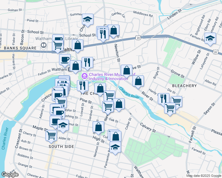 map of restaurants, bars, coffee shops, grocery stores, and more near 9 Wall Street in Waltham