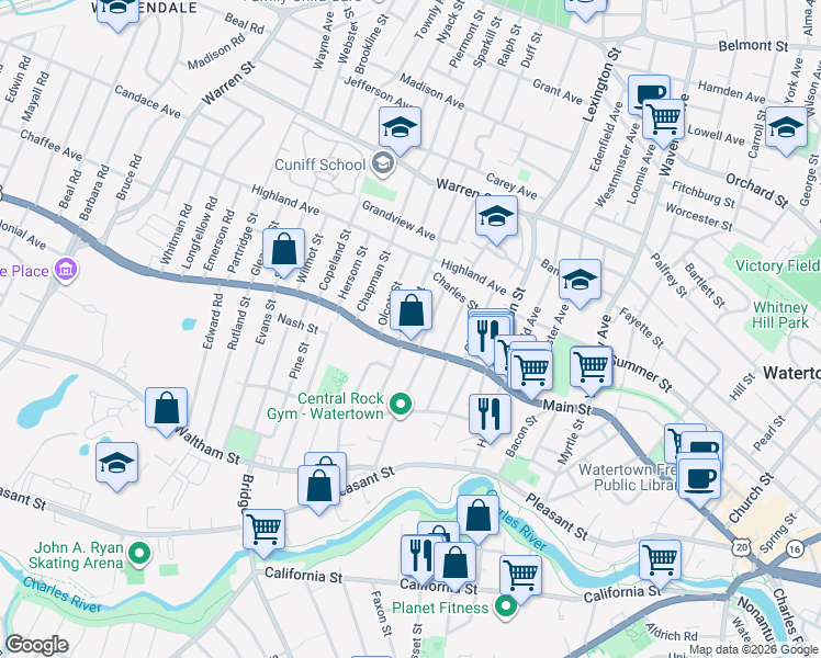 map of restaurants, bars, coffee shops, grocery stores, and more near 543 Main Street in Watertown
