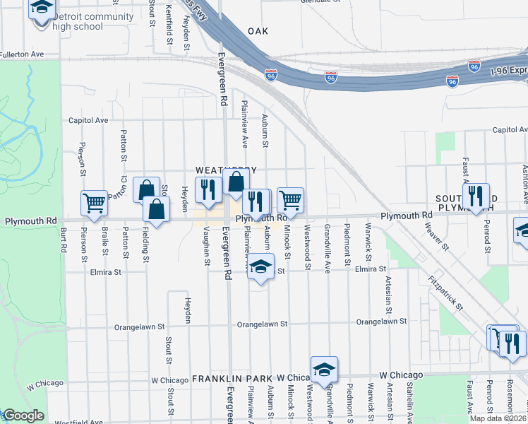 map of restaurants, bars, coffee shops, grocery stores, and more near in Detroit