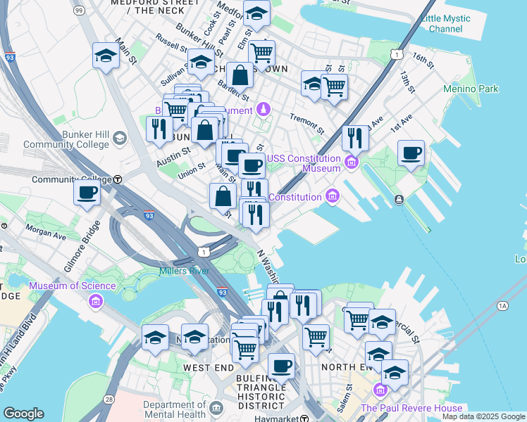 map of restaurants, bars, coffee shops, grocery stores, and more near 20 Chelsea Street in Boston