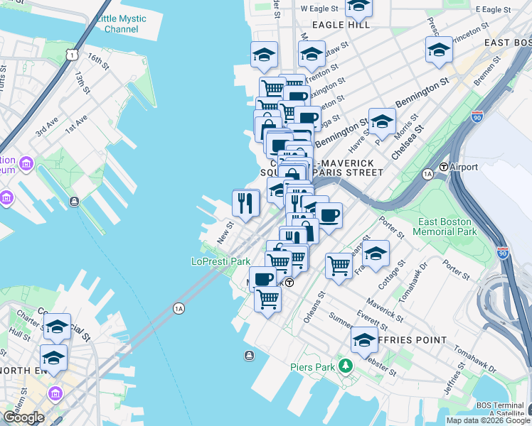 map of restaurants, bars, coffee shops, grocery stores, and more near 98 Liverpool Street in Boston