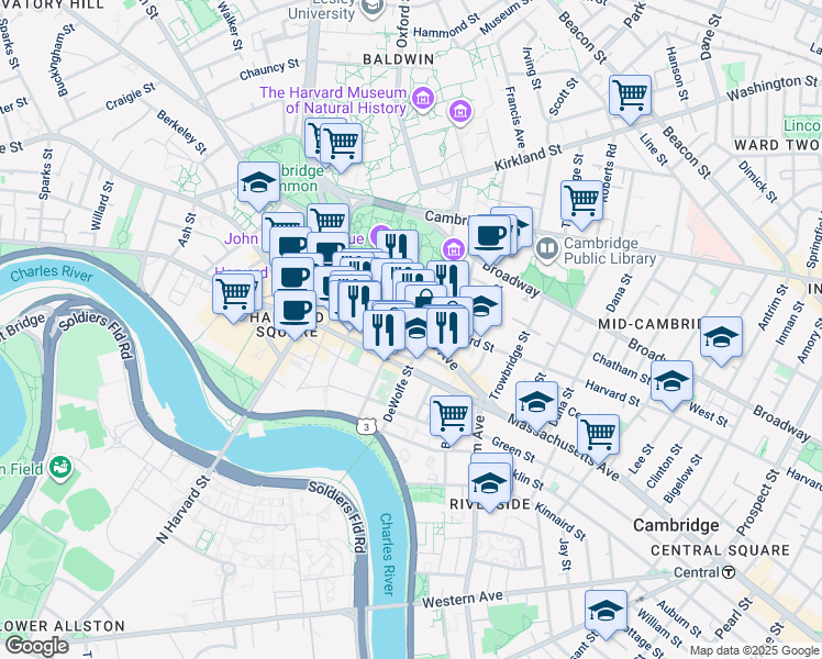 map of restaurants, bars, coffee shops, grocery stores, and more near 22 Plympton Street in Cambridge