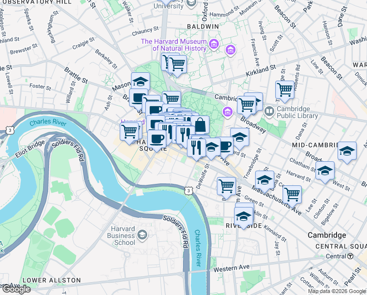 map of restaurants, bars, coffee shops, grocery stores, and more near 22 Holyoke Street in Cambridge