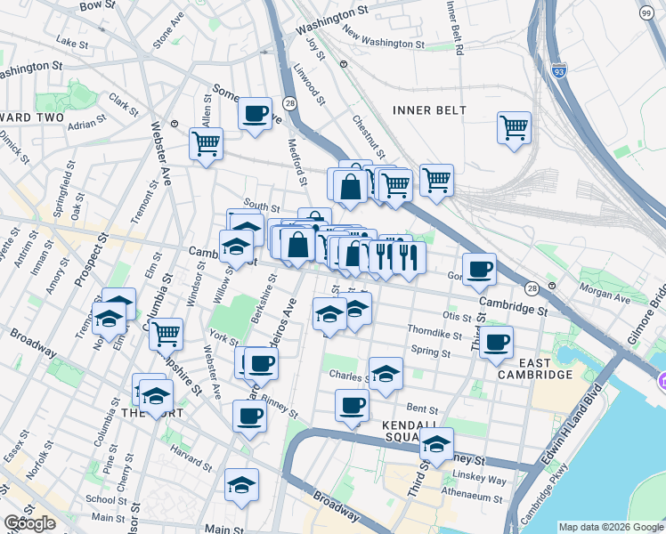 map of restaurants, bars, coffee shops, grocery stores, and more near 27 Lambert Street in Cambridge
