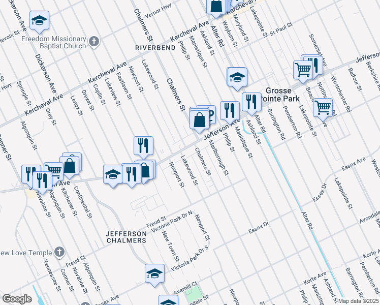 map of restaurants, bars, coffee shops, grocery stores, and more near 14229 East Jefferson in Detroit