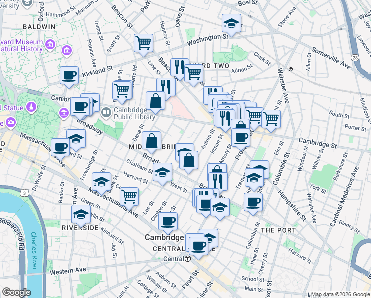 map of restaurants, bars, coffee shops, grocery stores, and more near 18 Maple Avenue in Cambridge