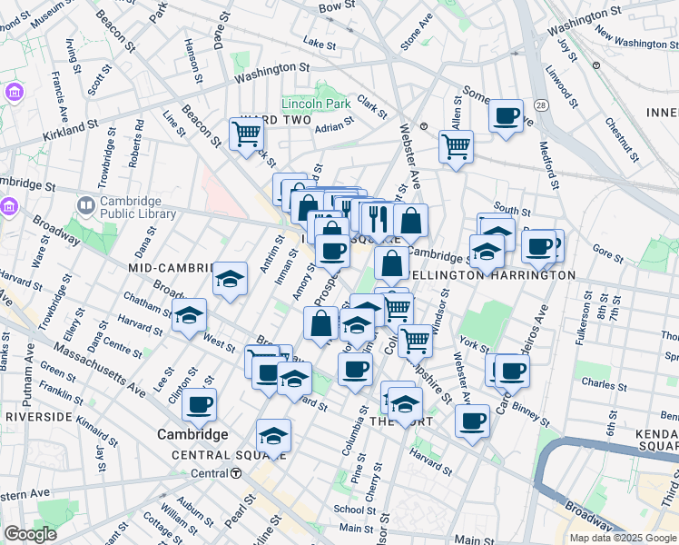 map of restaurants, bars, coffee shops, grocery stores, and more near 171 Hampshire Street in Cambridge