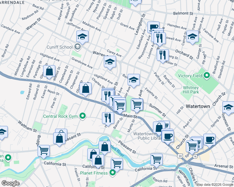 map of restaurants, bars, coffee shops, grocery stores, and more near 75 Lexington Street in Watertown