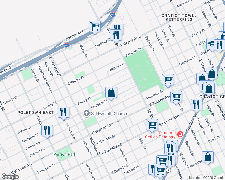 map of restaurants, bars, coffee shops, grocery stores, and more near 3560 East Kirby Street in Detroit