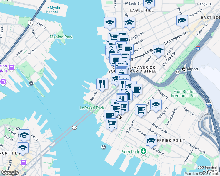 map of restaurants, bars, coffee shops, grocery stores, and more near 86 Liverpool Street in Boston