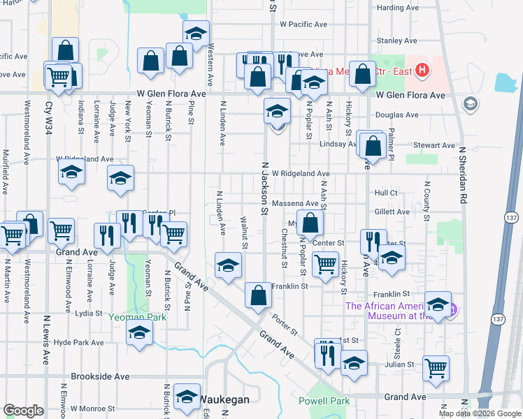 map of restaurants, bars, coffee shops, grocery stores, and more near 771 Walnut Street in Waukegan