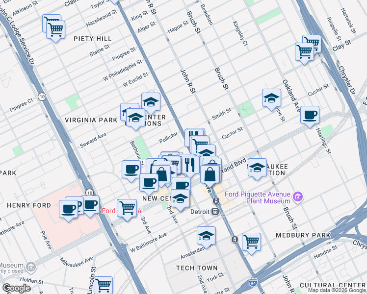 map of restaurants, bars, coffee shops, grocery stores, and more near 88 West Bethune Avenue in Detroit