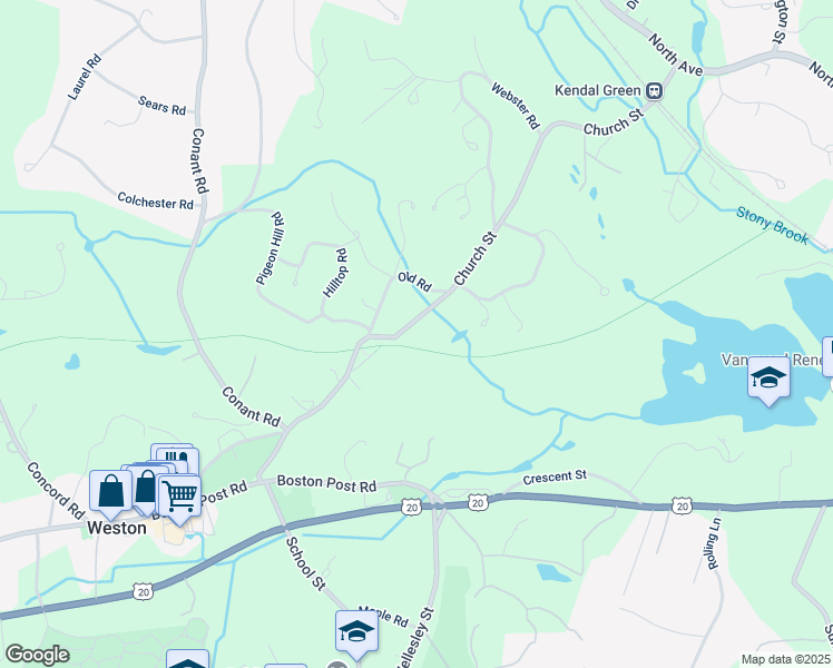 map of restaurants, bars, coffee shops, grocery stores, and more near 73 Church Street in Weston