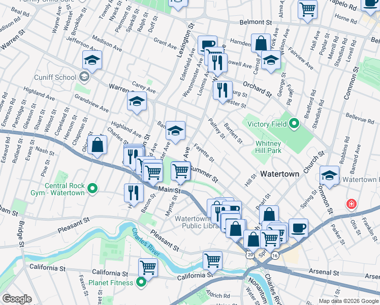 map of restaurants, bars, coffee shops, grocery stores, and more near 62 Forest Street in Watertown