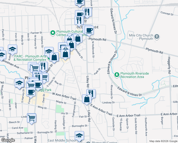 map of restaurants, bars, coffee shops, grocery stores, and more near 195 South Mill Street in Plymouth