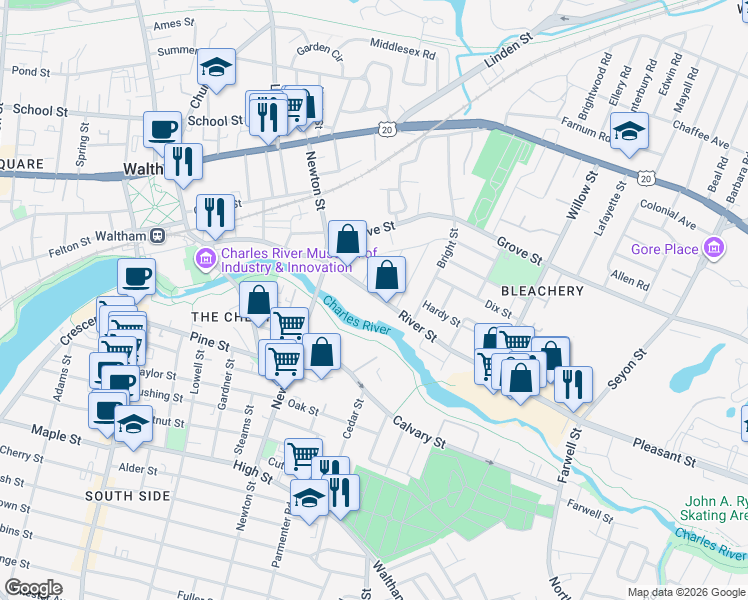 map of restaurants, bars, coffee shops, grocery stores, and more near 260 River Street in Waltham