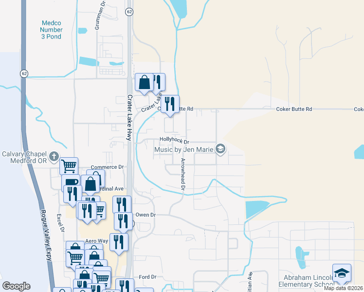 map of restaurants, bars, coffee shops, grocery stores, and more near 3877 Arrowhead Drive in Medford