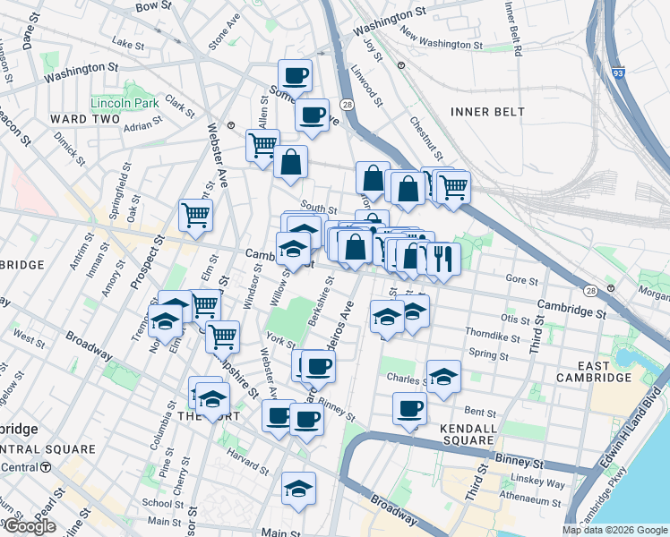 map of restaurants, bars, coffee shops, grocery stores, and more near Cambridge St & Berkshire St in Mid-Cambridge