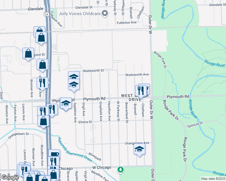 map of restaurants, bars, coffee shops, grocery stores, and more near 11628 Hazelton in Redford Charter Township